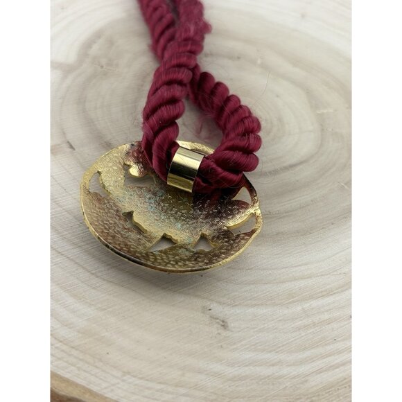 Vtg Cloisonné Floral Pendant Necklace Red Enamel Flower W/Gold Burgundy Cord - Picture 5 of 7